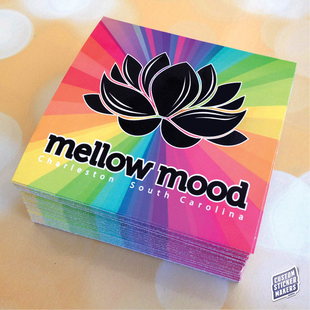Mellow Mood Charleston, SC branded and colorful stickers printed by customstickermakers.com